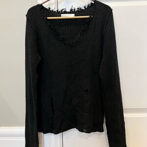 Oak + Fort Black Frayed V-Neck Women's Top